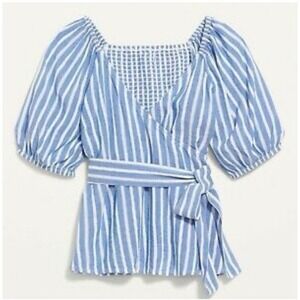 NWT Old Navy Large Coastal Blue Striped Puff Short Sleeve Wrap Blouse Top Women‎